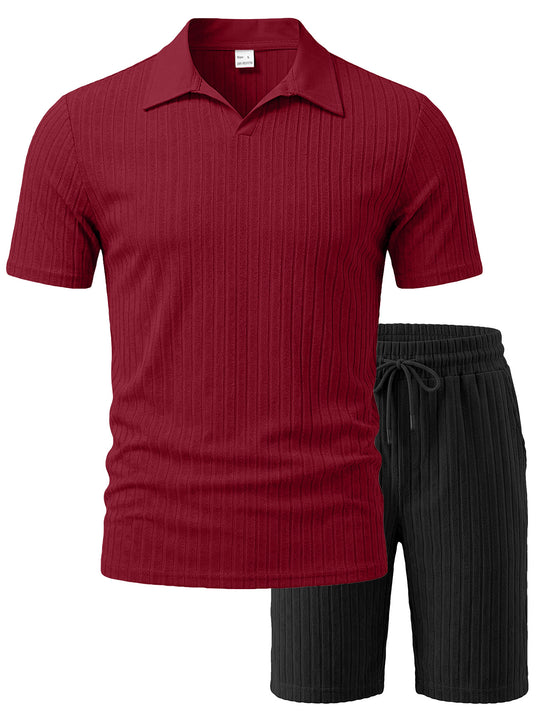 Herren nan Strick-Lounge-Ensemble mit Polokragen V‑Einsatz und Tunnelzug-Bermudas EB
