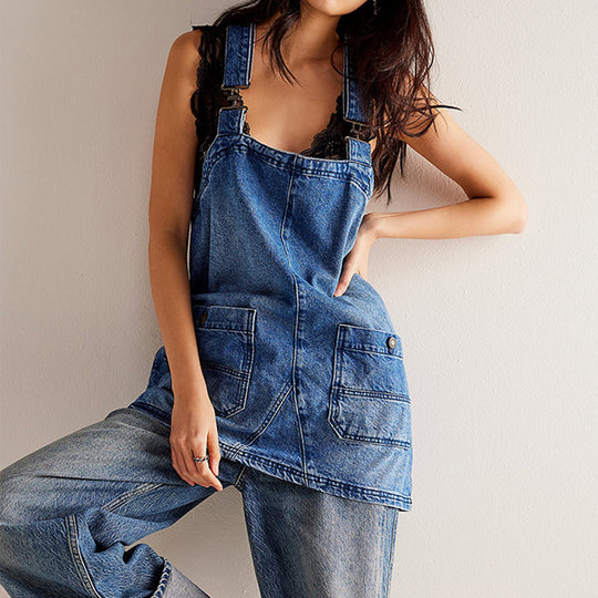 Damen Jeanslatzhängerkleid mit verstellbaren Trägern und praktischen Taschen EB