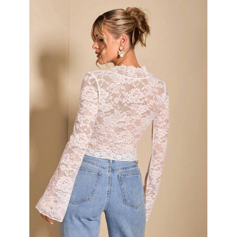 Damen Spitze Bluse mit eleganten Trompetenärmeln und V-Ausschnitt EB