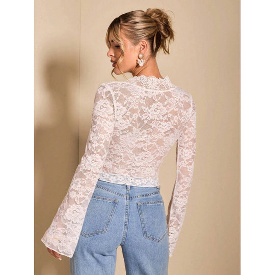 Damen Spitze Bluse mit eleganten Trompetenärmeln und V-Ausschnitt EB
