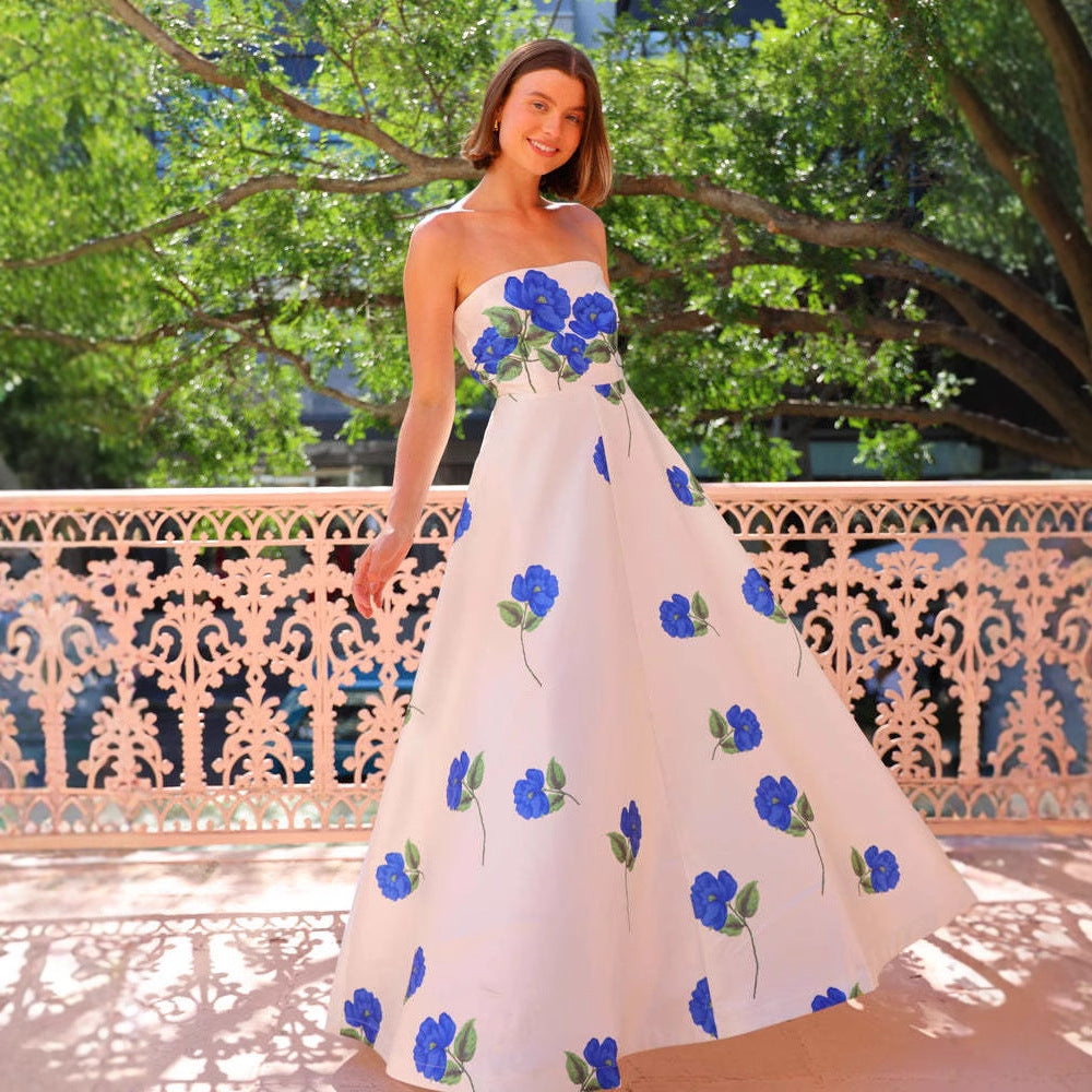 Damen Ballkleid mit floralem Oberteil und schwingendem Rock EB