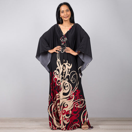 Damen Maxikleid mit kunstvollem Pfauenmuster und seitlichen Schlitzen Heidi Mode