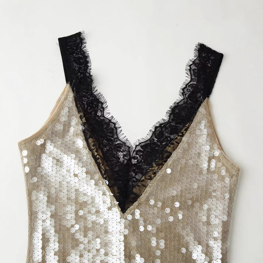 Damen glamouröses Abendkleid mit Pailletten und Spitzenverzierung EB