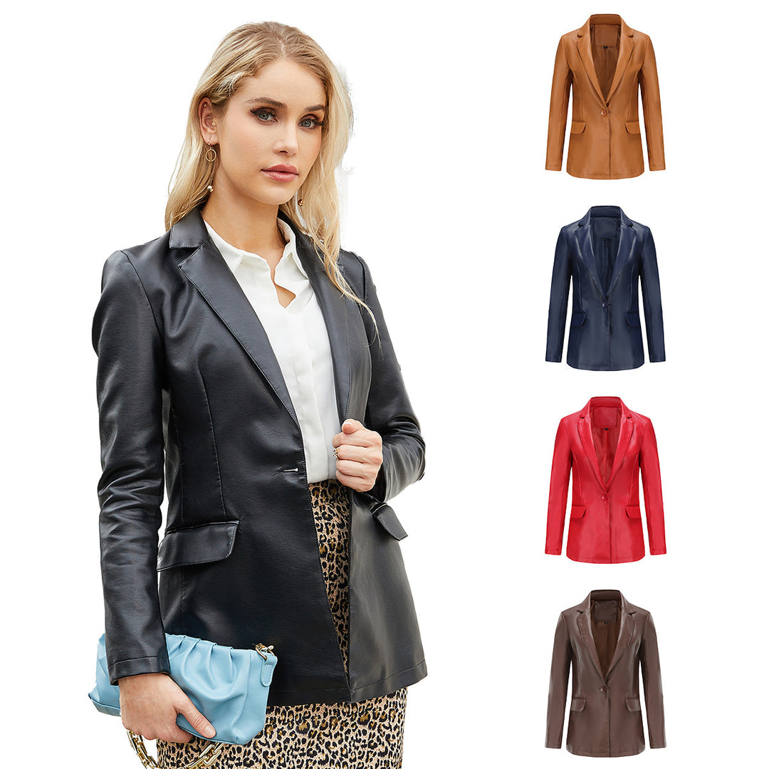 Damen nan taillierter Blazer aus Kunstleder mit Reverskragen und Pattentaschen EB