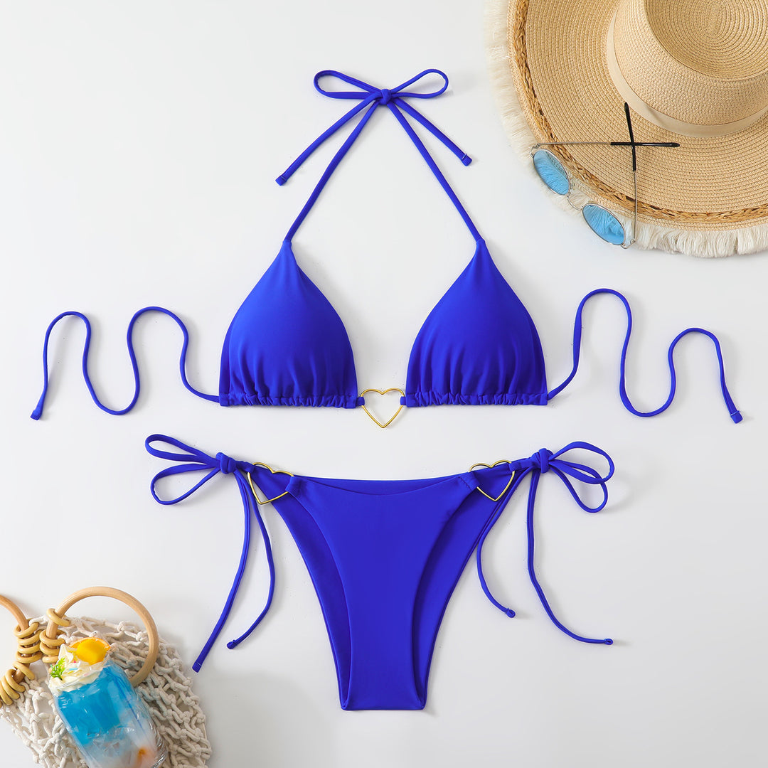 Damen Triangel-Bikini-Set mit verspielten Schleifen und Herz-Applikationen EB