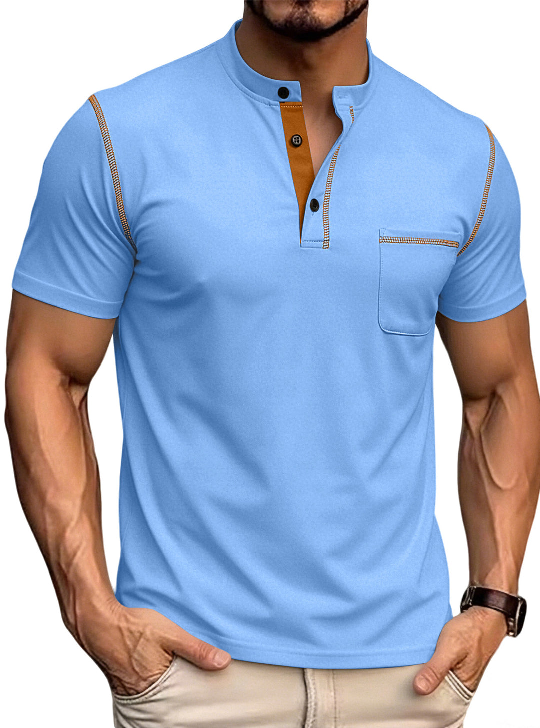 Herren nan kurzärmeliges Henley-Shirt mit Stehkragen, Brusttasche und kontrastierenden Ziernähten EB