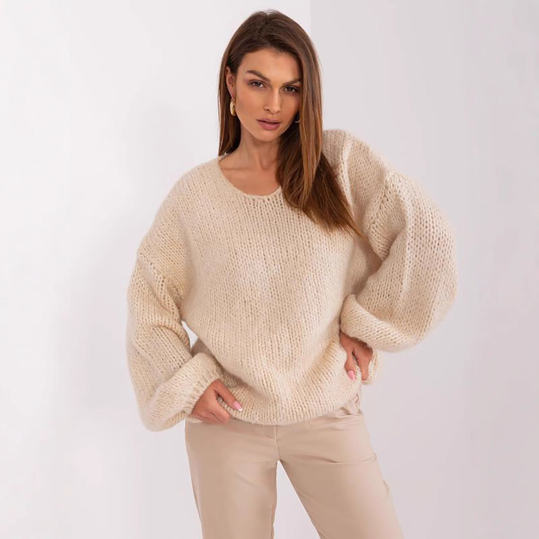 Damen gemütlicher Oversize-Strickpullover mit voluminösen Ärmeln und strukturiertem Design EB