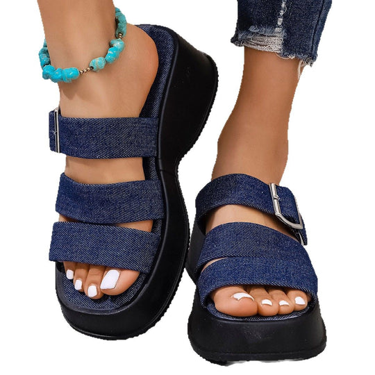 Damen Wedge-Pantoletten mit verstellbarem Schnallenverschluss und modischem Denim-Design EB