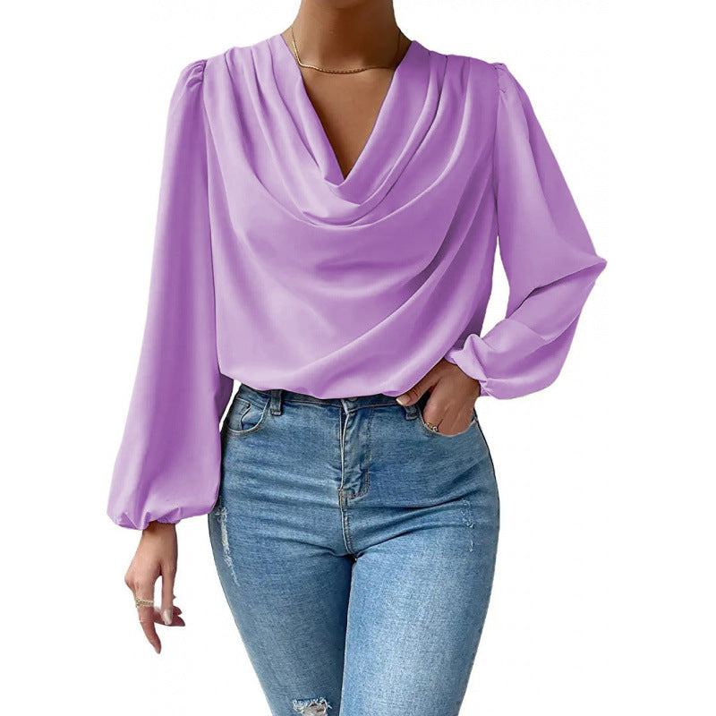 Damen elegante Bluse mit asymmetrischem Halsansatz und langen Ärmeln EB