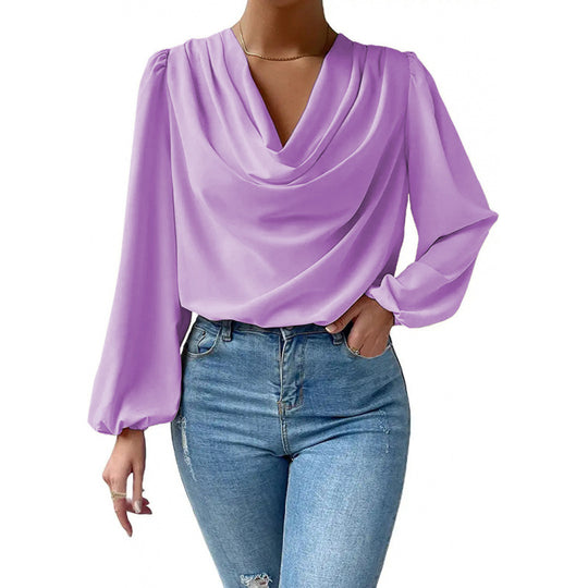 Damen elegante Bluse mit asymmetrischem Halsansatz und langen Ärmeln EB