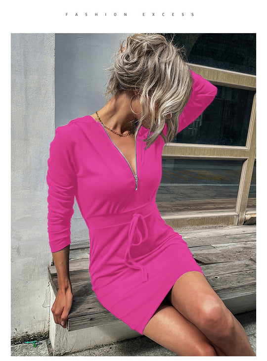 Damen Kapuzenkleid mit Reißverschluss und Taillenzug EB