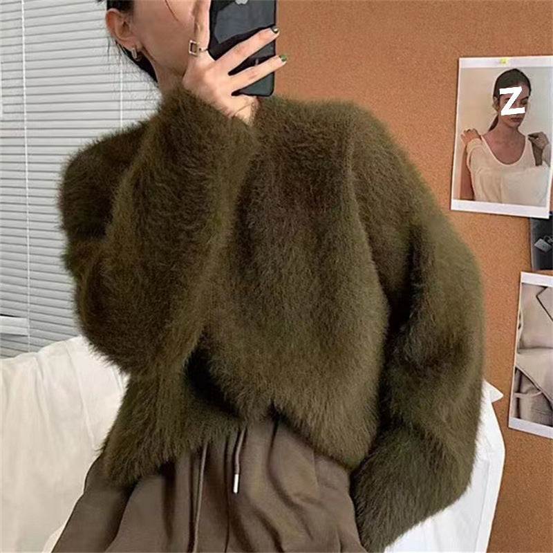 Damen Flauschiger Pullover mit lässigem Schnitt und hohem Rundhalsausschnitt EB