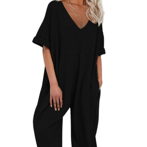 Damen Oversized Jumpsuit mit tiefem V-Ausschnitt und lässigen Taschen EB