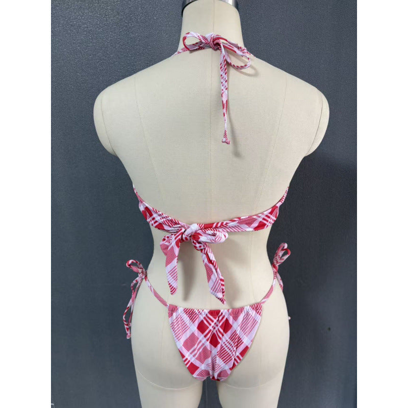 Damen Crop-Top Bikini mit asymmetrischem Schnitt und modischem Karomuster EB