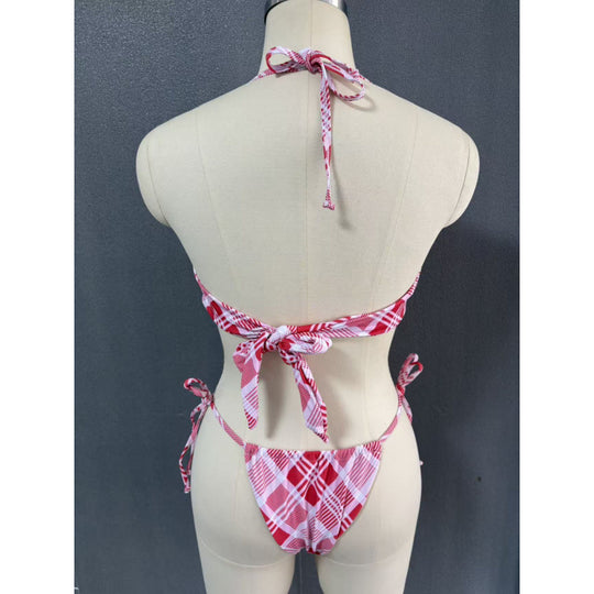 Damen Crop-Top Bikini mit asymmetrischem Schnitt und modischem Karomuster EB