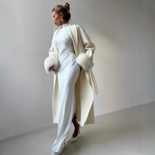 Damen Elegante Langjacke mit abnehmbaren Fuchsärmeln EB