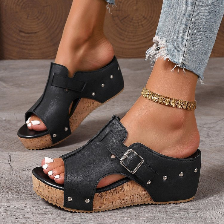 Damen modische Clogs mit verstellbarer Schnalle und korkähnlicher Sohle EB