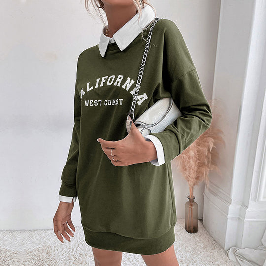 Damen Sweatkleid mit Hemdkragen und sportlichem Schriftzug EB