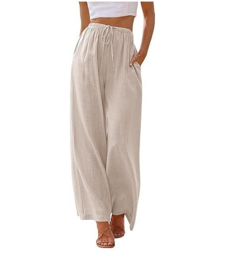 Damen nan weite Leinenhose mit elastischem Bund Kordel und Seitentaschen EB