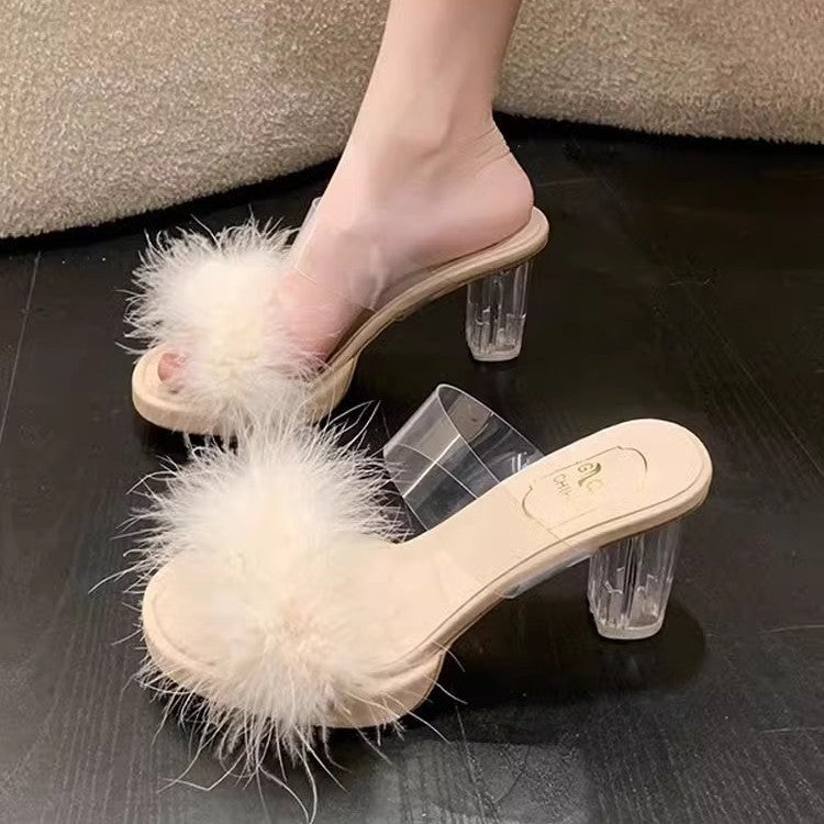 Damen elegante Mules mit transparentem Blockabsatz und feiner Fellverzierung EB