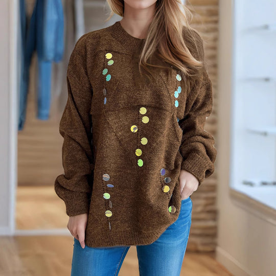 Damen lässiger Pullover mit dekorativen Pailletten und strukturiertem Maschenmuster EB