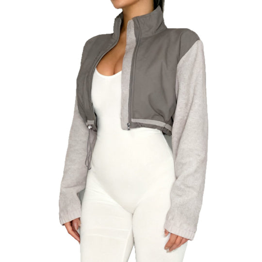 Damen nan kurzes Fleece-Zipjacke mit Stehkragen, Tunnelzugsaum und Brusttasche EB