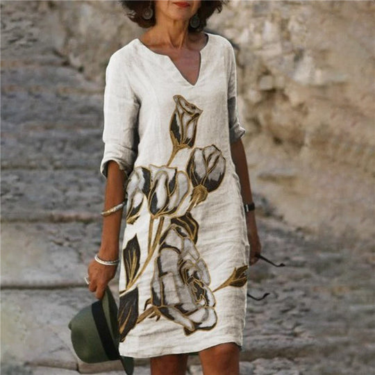 Damen Freizeitkleid mit floralem Design und V-Ausschnitt EB