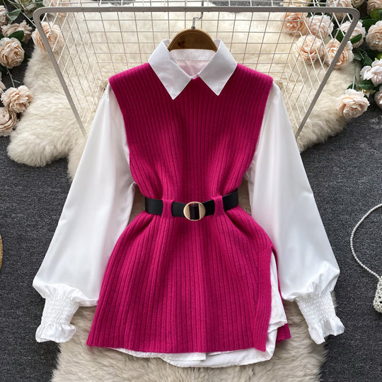 Damen Lagenlook-Bluse mit Rippstrick-Überwurf und Taillengürtel EB