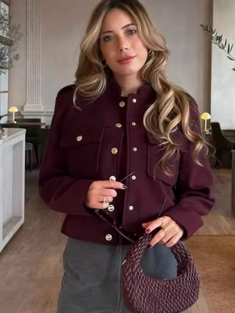 Damen kurze Militärjacke mit Taschen und dekorativen Knöpfen EB