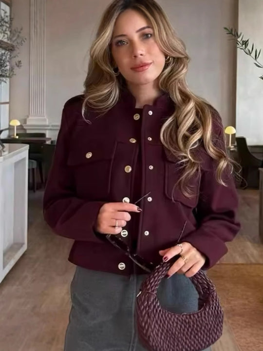 Damen kurze Militärjacke mit Taschen und dekorativen Knöpfen EB