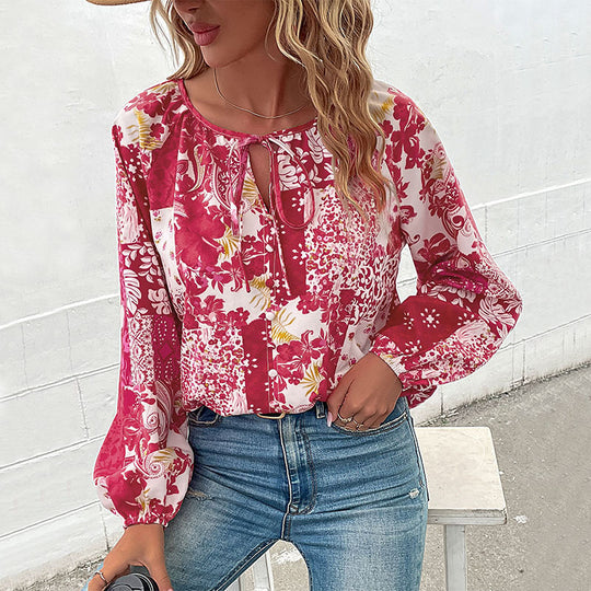 Damen Bluse mit floralem Design und modischer Knotenoptik EB
