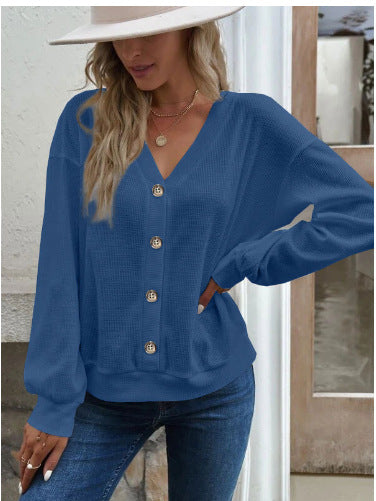 Damen Komfortabler Strickpullover mit V-Ausschnitt und Knopfleiste EB