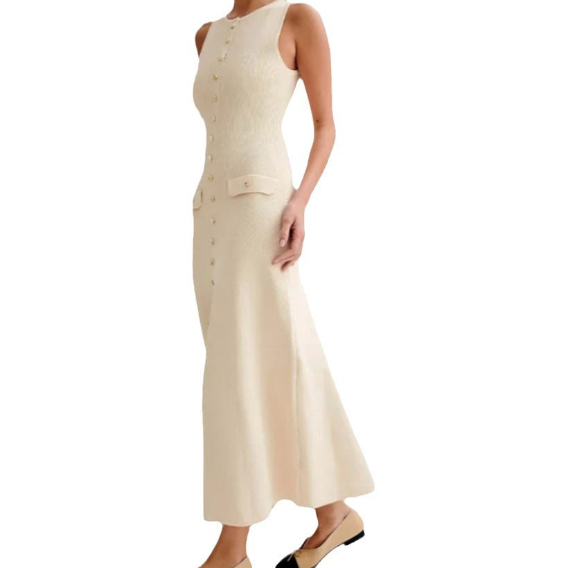 Damen Strickmaxikleid mit Knopfleiste und seitlichen Schlitzen EB