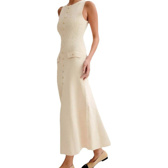 Damen Strickmaxikleid mit Knopfleiste und seitlichen Schlitzen EB