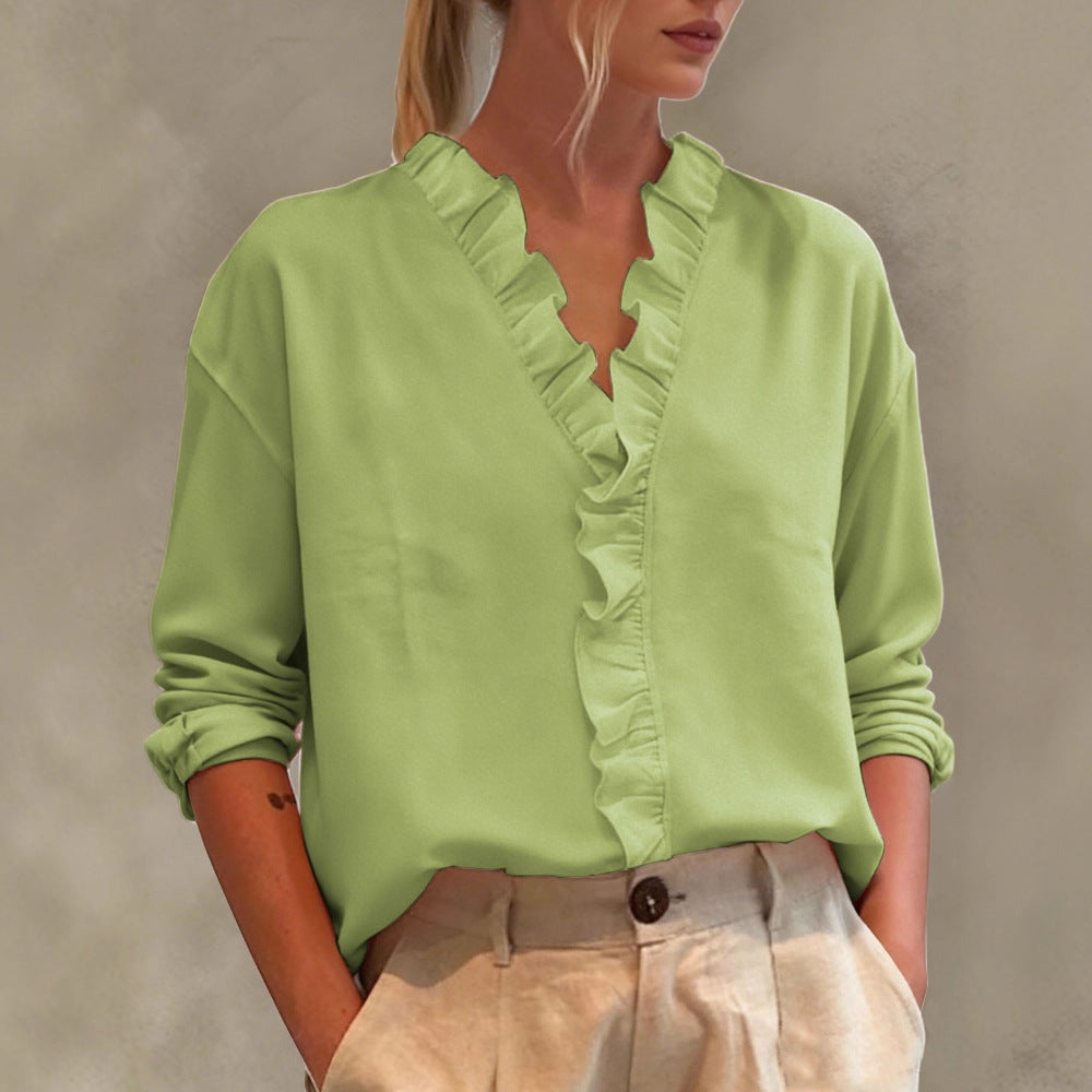Damen Elegante V-Ausschnitt Bluse mit Volantbesatz und lockerem Oversize-Schnitt EB
