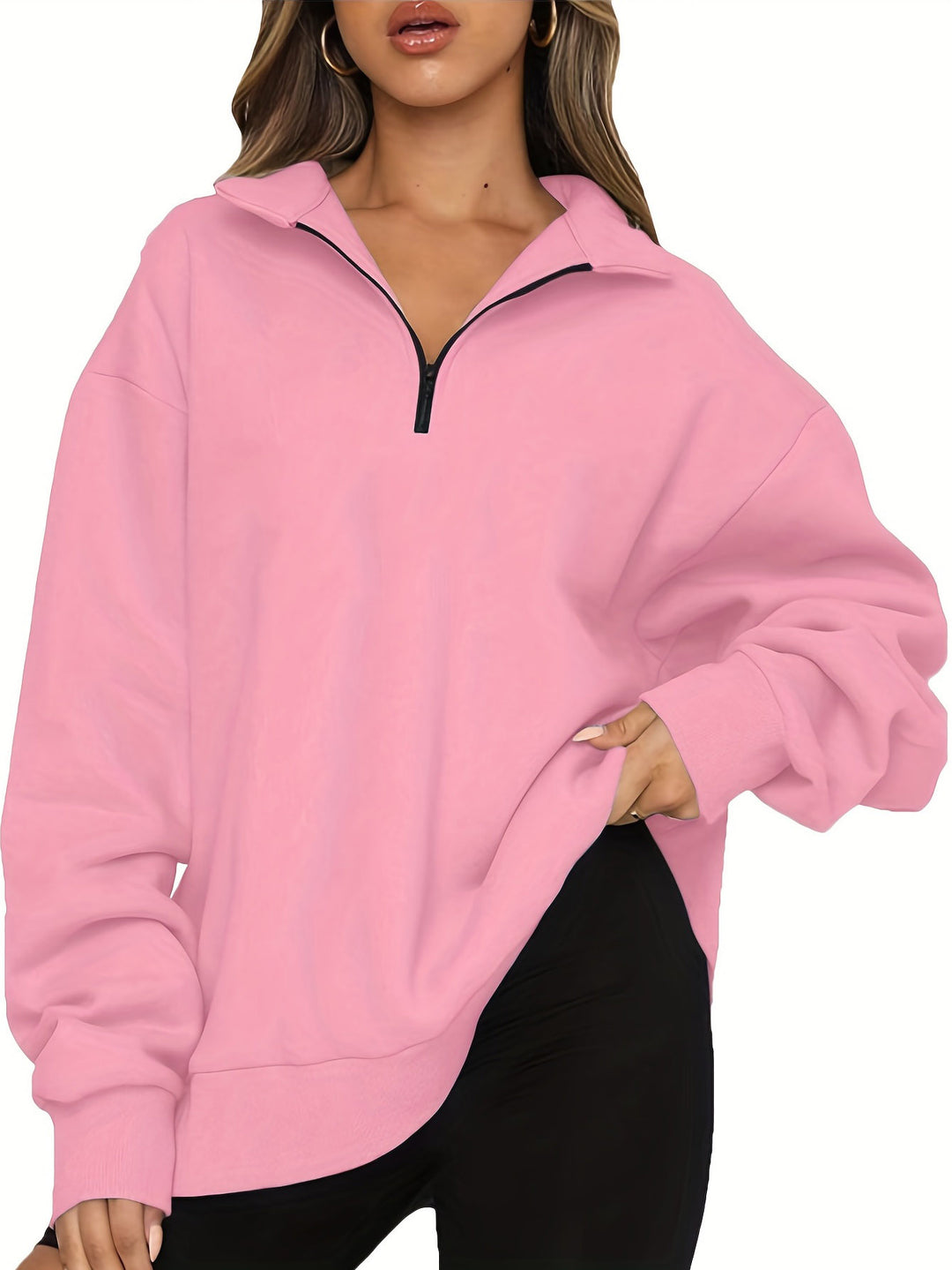Damen nan Oversized Sweatshirt mit Kurzreißverschluss, Stehkragen und Kängurutasche EB