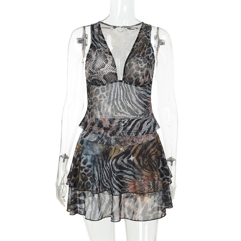 Damen Elegantes Kleid mit Rüschendetails und animalischem Muster EB