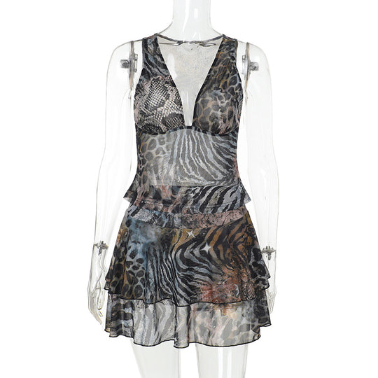 Damen Elegantes Kleid mit Rüschendetails und animalischem Muster EB