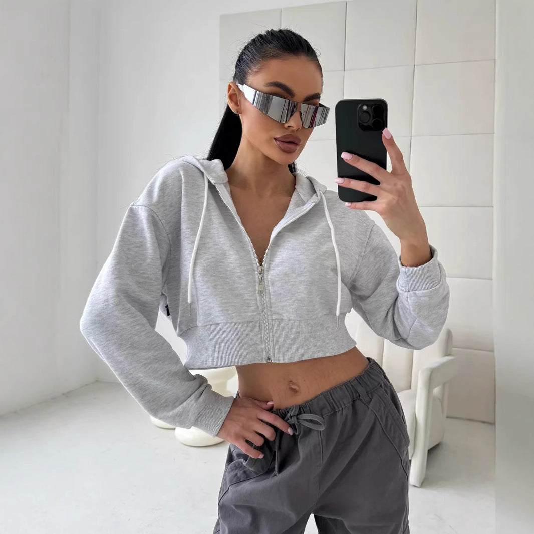 Damen Cropped Kapuzenjacke mit kurzem Reißverschluss und breitem Rippbund EB
