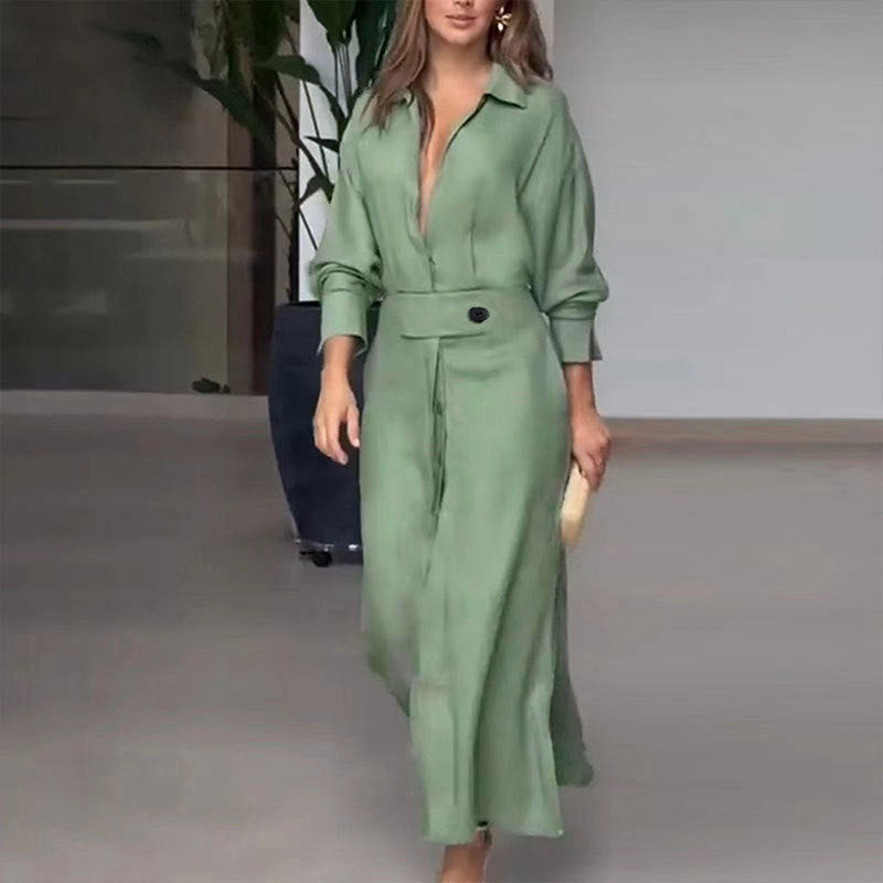 Damen elegantes Hemdblusenkleid mit Taillengürtel und seitlichen Schlitzen EB