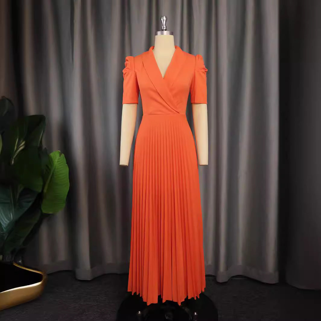 Damen elegantes Wickelkleid mit plissiertem Rock und Puffärmeln EB