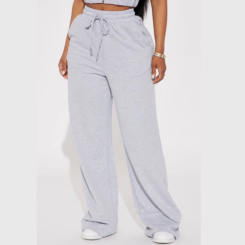 Damen nan breite High-Waist Loungehose aus weichem Baumwollmix mit Kordelzug und Eingrifftaschen EB