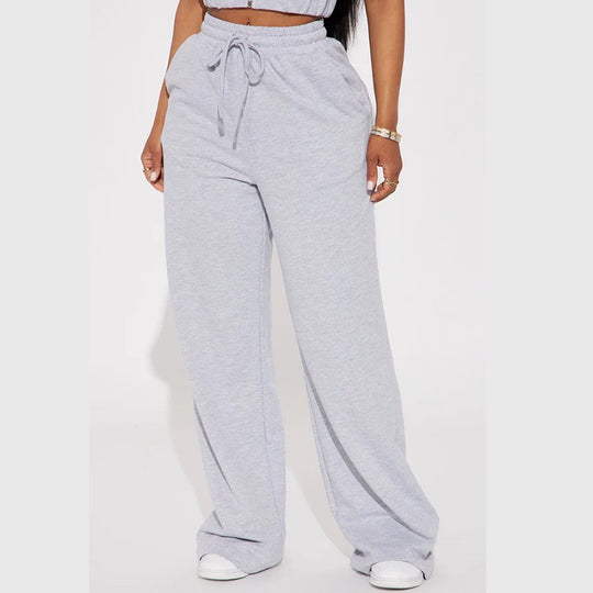 Damen nan breite High-Waist Loungehose aus weichem Baumwollmix mit Kordelzug und Eingrifftaschen EB