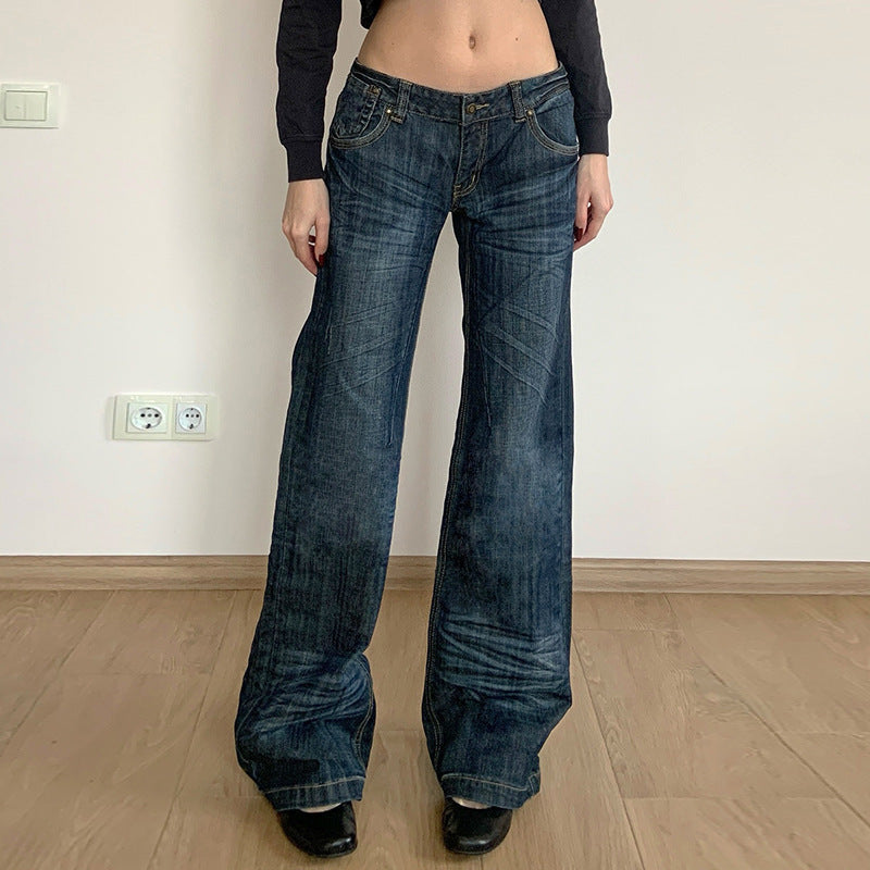 Damen Weite Jeans im Vintage-Stil mit hohem Bund und modischen Steppnähten EB