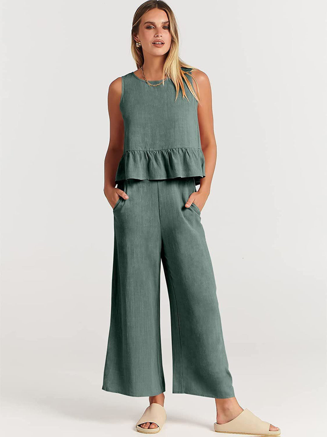 Damen Set mit lässigem Rüschendesign und weiten Hosen EB