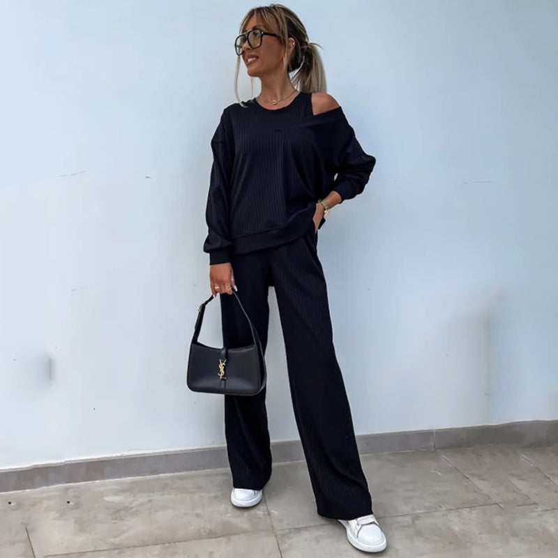 Damen nan elegantes Rippstrick-Zweiteiler Lounge-Set mit einseitigem Schulterfreischnitt und weitem Palazzo-Hosenbein EB