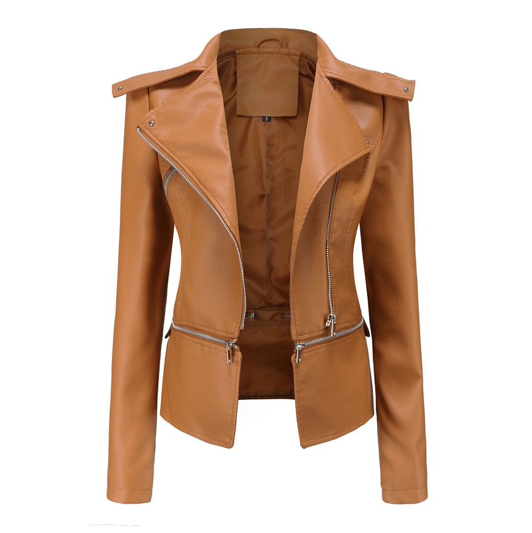 Damen nan taillierte Kunstleder-Bikerjacke mit asymmetrischem Reverskragen EB