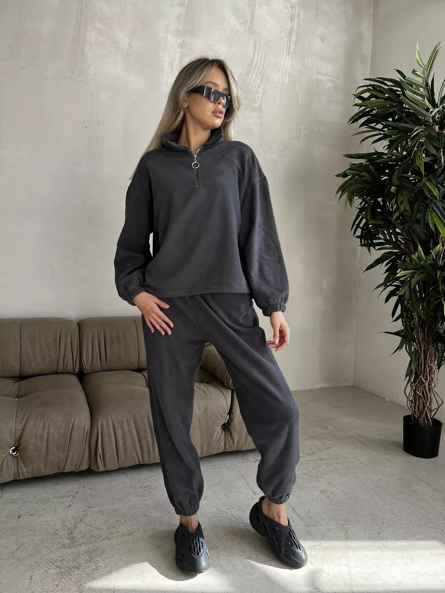 Damen lässiges Fleece-Jogginganzug Set mit Stehkragen und halbhohem Reißverschluss EB
