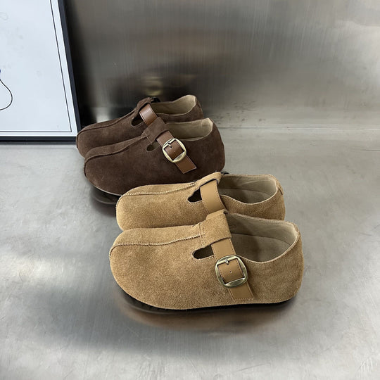 Damen Veloursleder Clogs mit verstellbarem Riemen und anatomischem Fußbett EB