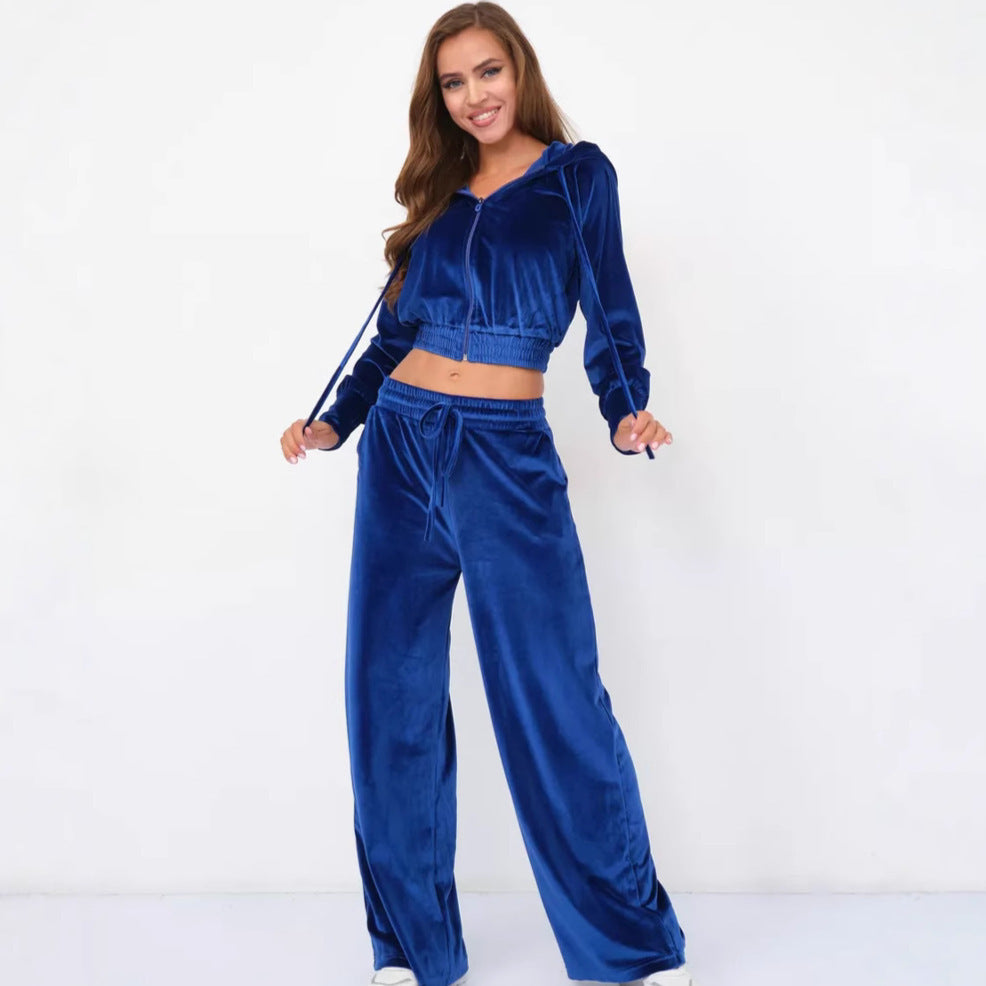 Damen luxuriöses Velours-Lounge-Set mit kurzem Reißverschluss-Hoodie und weitem Comfort-Hose EB
